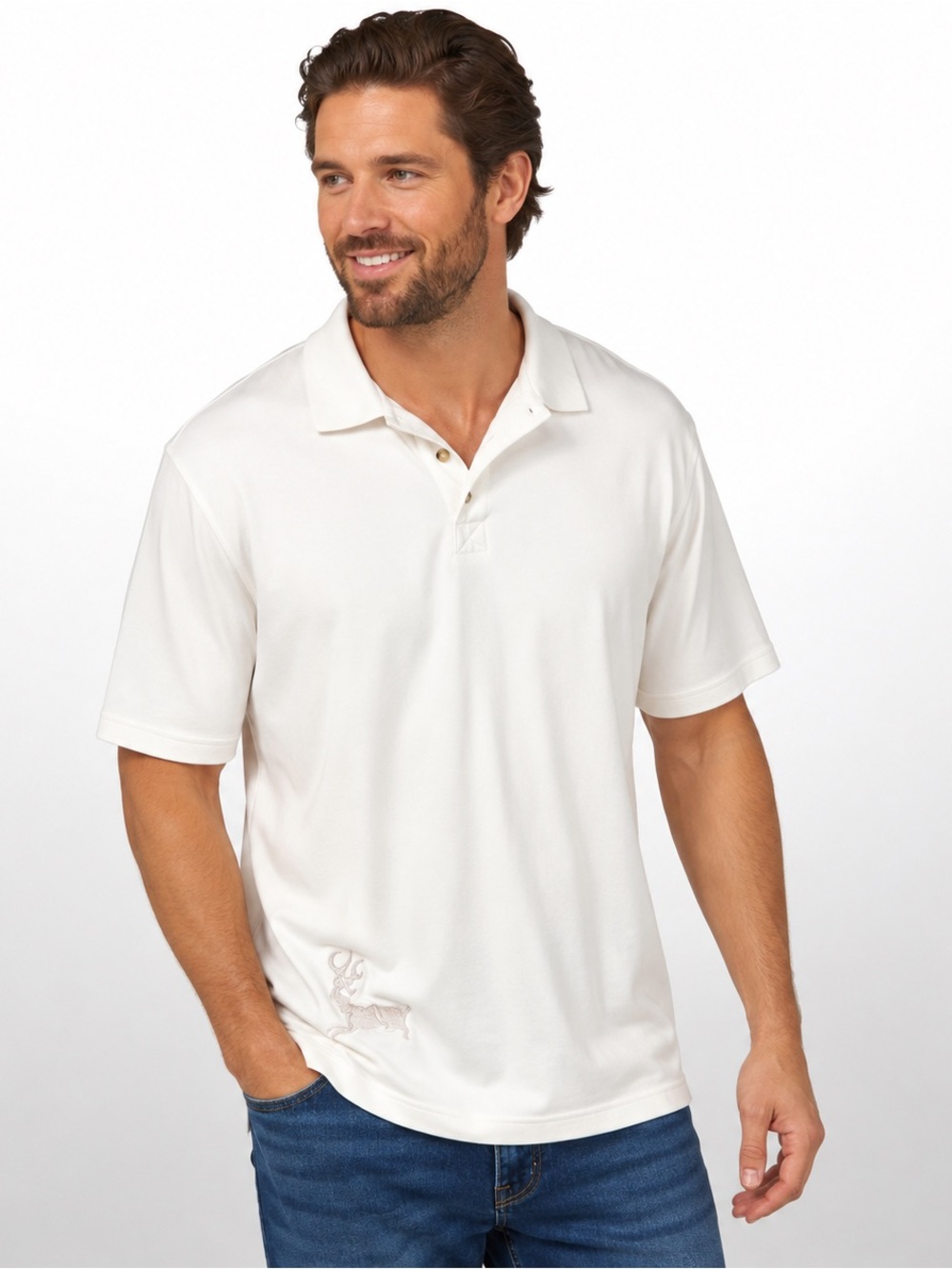 Browning White Polo Shirt Large Embroidered Buck Logo Front & Back
